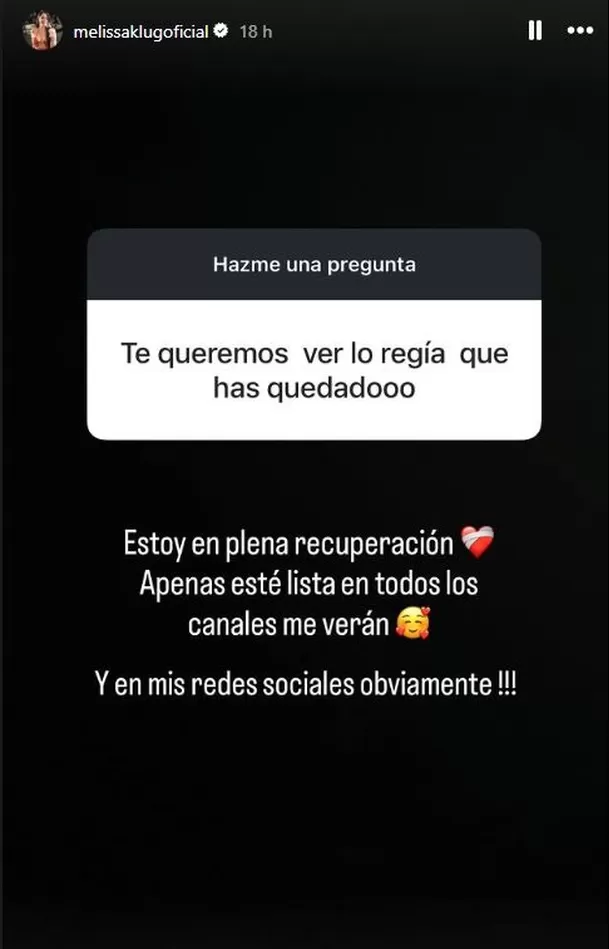 Melissa Klug se viene recuperando luego de someterse a varias cirugías luego de finalizar relación con Jesús Barco / Instagram Melissa Klug se viene recuperando luego de someterse a varias cirugías luego de finalizar relación con Jesús Barco / Instagram