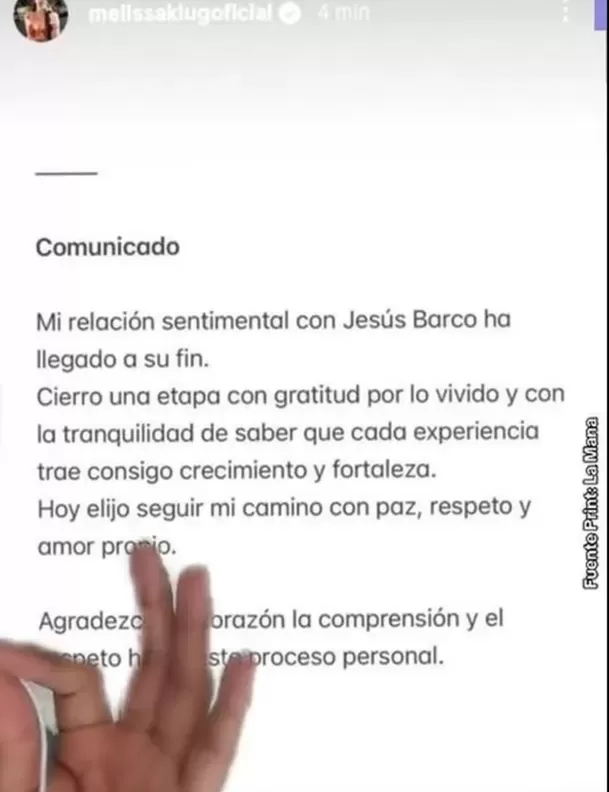 Melissa Klug envió un comunicado para anunciar su separación de Jesús Barco, pero luego borró la publicación / Instagram