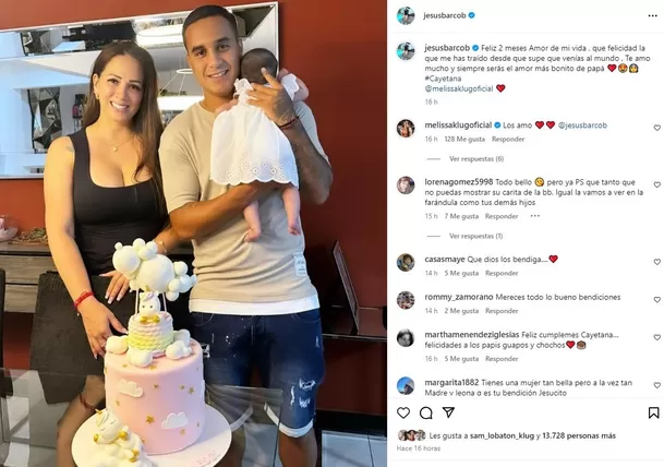 Jesús Barco le dedicó un romántico mensaje a su hija y a Melissa Klug por los dos meses de la pequeña / Instagram