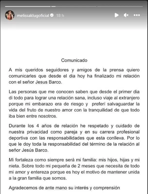 Melissa Klug anunció el final de su relación con Jesús Barco/Foto: Instagram