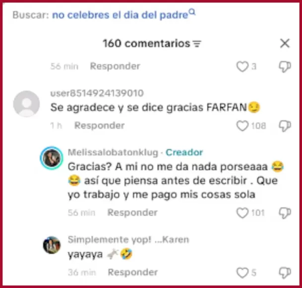 Melissa Lobatón "parcha" a usuario que le menciona a Jefferson Farfán por el Día del padre / TikTok Melissa Lobatón "parcha" a usuario que le menciona a Jefferson Farfán por el Día del padre / TikTok
