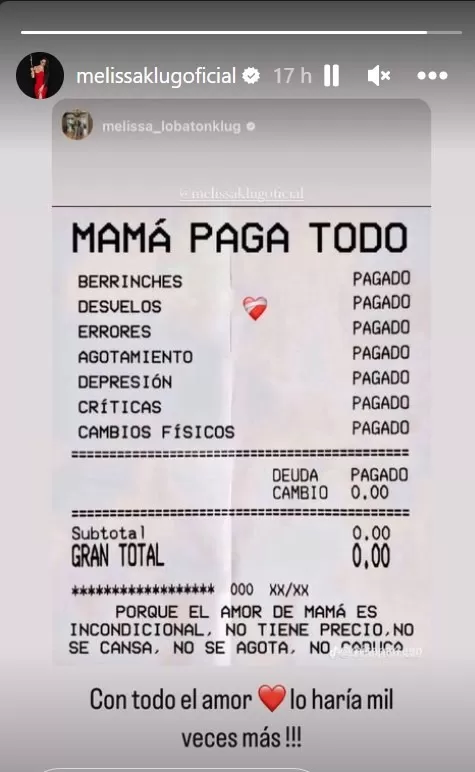 Respuesta de Melissa Klug a la publicación de su hija Melissa Lobatón/ IG Melissa Klug