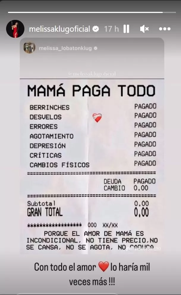 Respuesta de Melissa Klug a la publicación de su hija Melissa Lobatón/ IG Melissa Klug