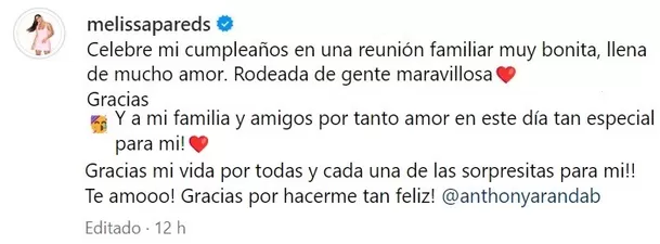 Melissa Peredes agradeció los detalles de su novio para celebrar sus 33 años / Foto: IG Melissa Paredes