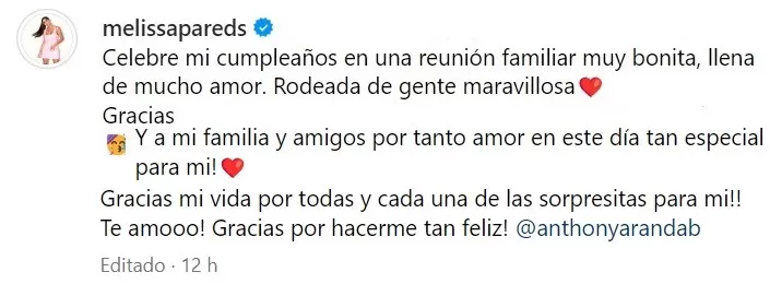 Melissa Peredes agradeció los detalles de su novio para celebrar sus 33 años / Foto: IG Melissa Paredes