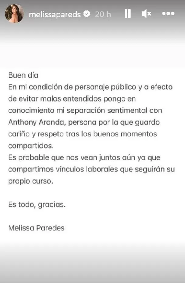 El comunicado de Melissa Paredes sobre el fin de su relación con Anthony Aranda / Instagram