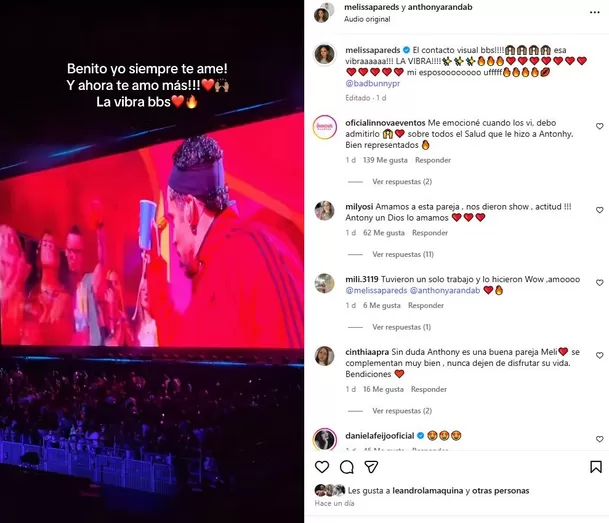 Melissa Paredes y Anthony Aranda se emocionaron por estar a solo unos metros de Bad Bunny. Foto: Instagram Melissa Paredes y Anthony Aranda se emocionaron por estar a solo unos metros de Bad Bunny. Foto: Instagram