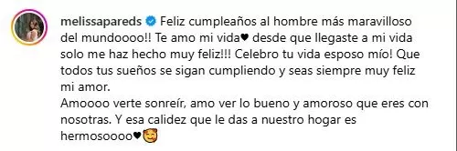 Mensaje de Melissa Paredes dedicado a su esposo Anthony Aranda/Foto: Instagram