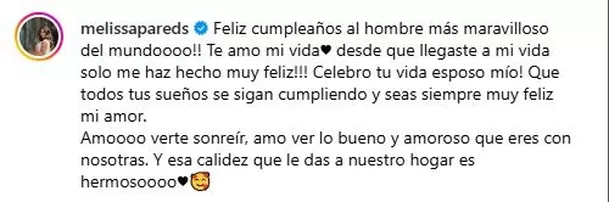 Mensaje de Melissa Paredes dedicado a su esposo Anthony Aranda/Foto: Instagram