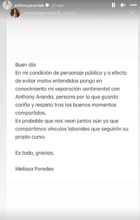 La reacción de Anthony Aranda tras comunicado del fin de su relación con Melissa Paredes