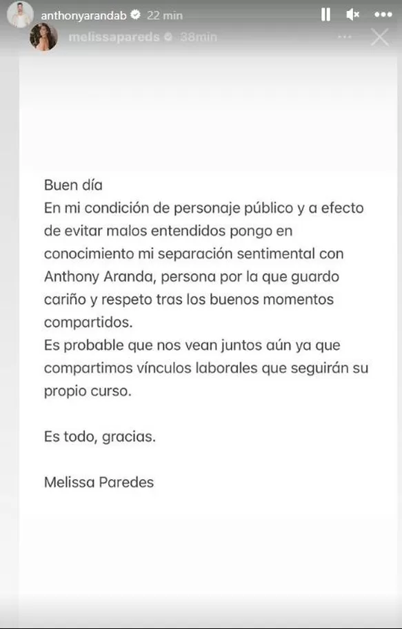 La reacción de Anthony Aranda tras comunicado del fin de su relación con Melissa Paredes