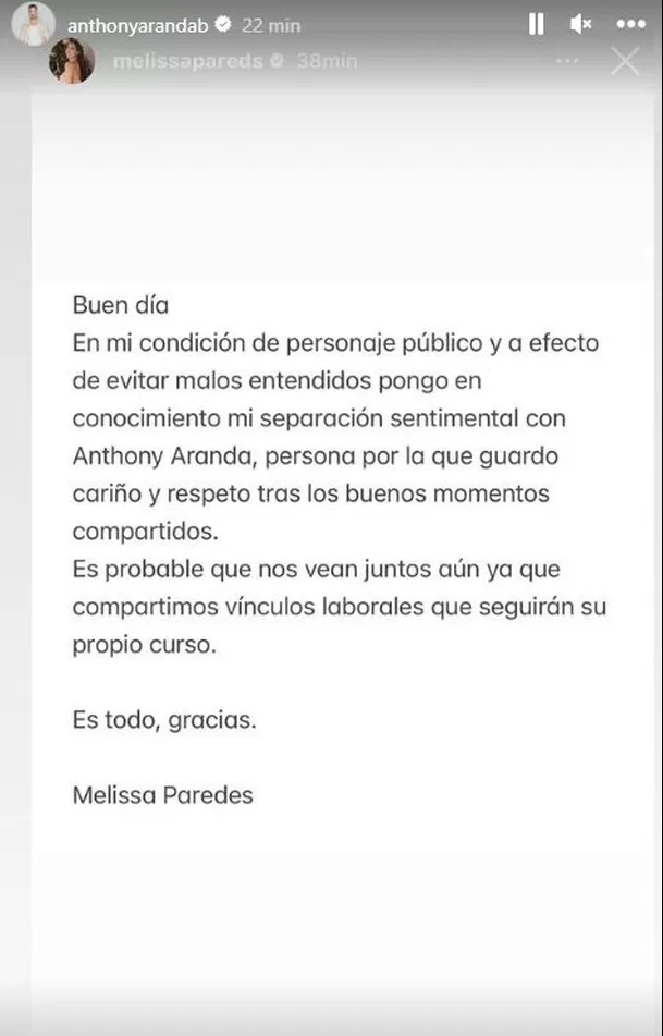 La reacción de Anthony Aranda tras comunicado del fin de su relación con Melissa Paredes