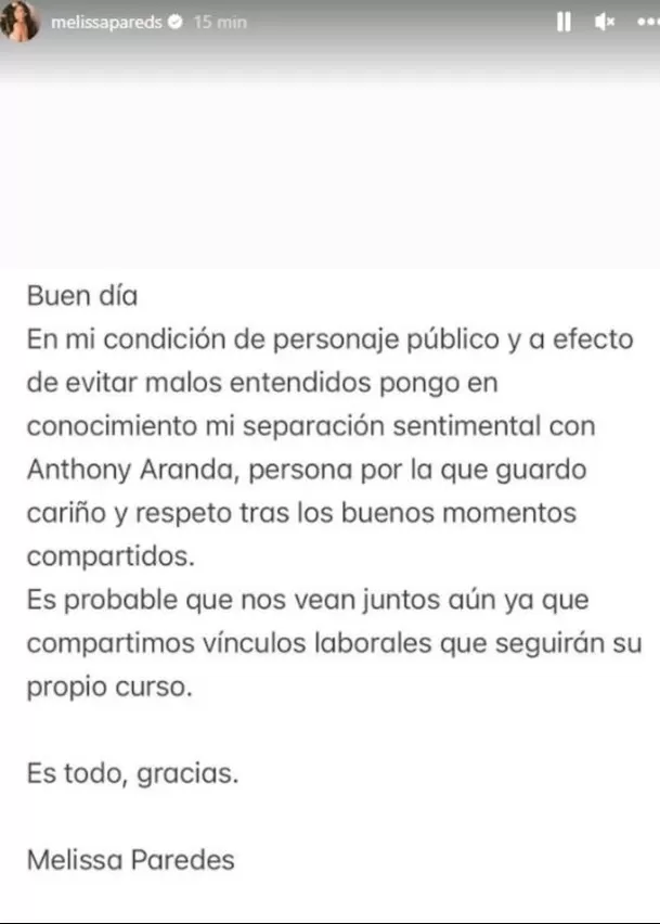 Comunicado de Melissa Paredes sobre su separación de Anthony Aranda en enero de 2024/ Instagram Comunicado de Melissa Paredes sobre su separación de Anthony Aranda en enero de 2024/ Instagram
