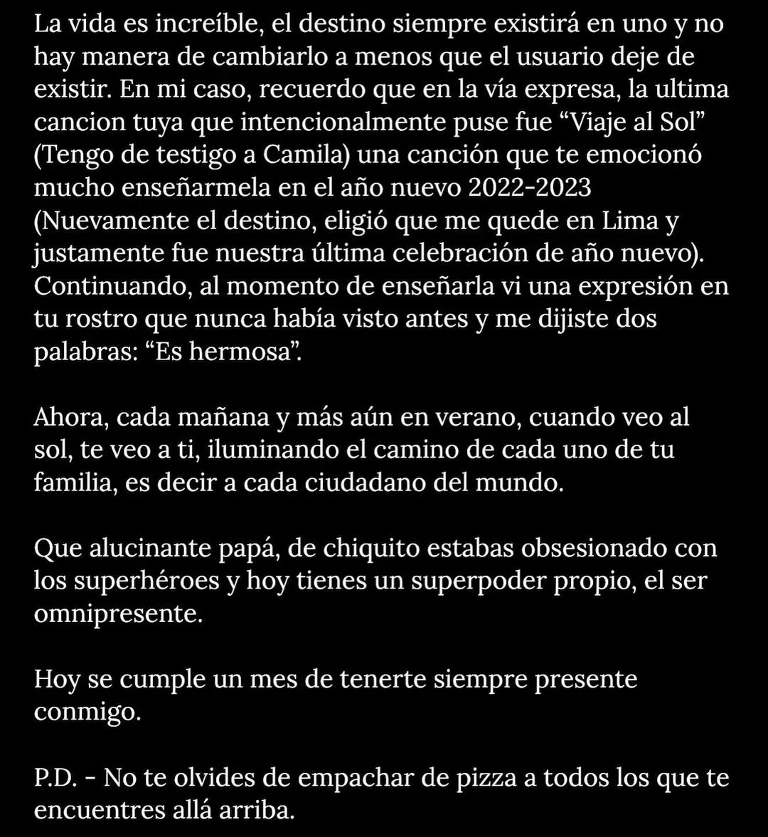 palabras de Tomás, hijo menor de Pedro Suárez Vértiz al recordar un mes de la partida de su padre/Foto: Instagram