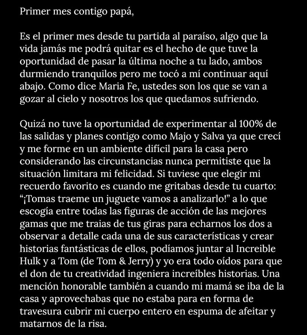 Palabras del hijo menor de Pedro Suárez Vértiz, Tomás conmemorándose un mes de su fallecimiento/Foto: Instagram