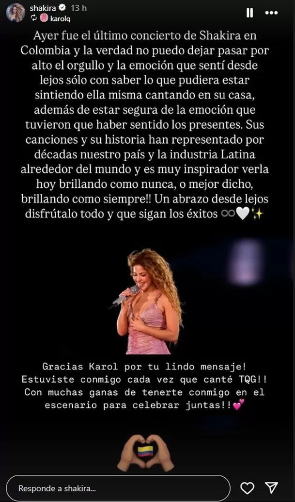 Shakira agradeció las palabras de Karol G y hasta la invitó a compartir escenario / Instagram Shakira agradeció las palabras de Karol G y hasta la invitó a compartir escenario / Instagram