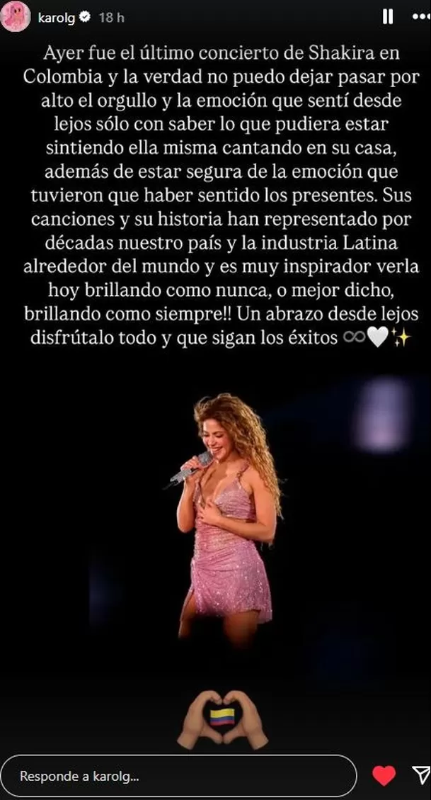 Karol G no dejó de expresar su admiración por Shakira, quien estuvo en Bogotá hace unos días / Instagram Karol G no dejó de expresar su admiración por Shakira, quien estuvo en Bogotá hace unos días / Instagram