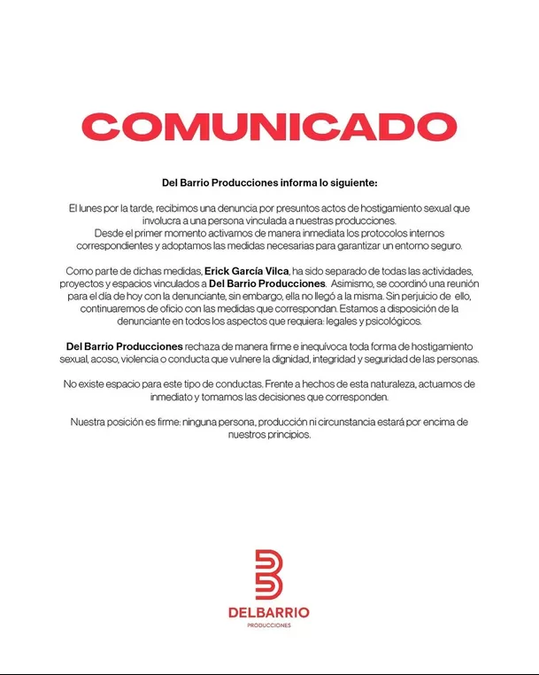 Comunicado de Del Barrio Producciones tras denuncia contra trabajador / @delbarriopro Comunicado de Del Barrio Producciones tras denuncia contra trabajador / @delbarriopro