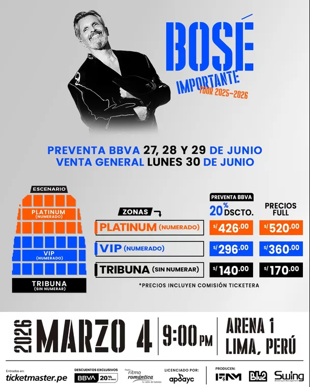 Los precios de las entradas para el concierto de Miguel Bosé en Lima para el 2026 / Instagram Los precios de las entradas para el concierto de Miguel Bosé en Lima para el 2026 / Instagram