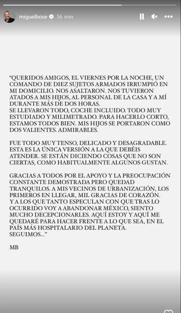 Comunicado de Miguel Bosé en sus redes sociales. Fuente: Miguel Bosé/Instagram