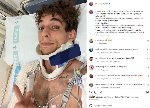 Miguel Herrán se recupera tras sufrir accidente en moto. Fuente: Instagram