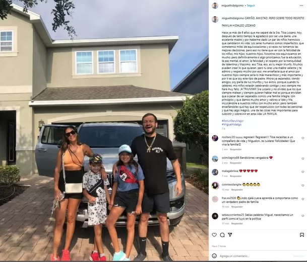 Mensaje de Miguel Hidalgo a Tilsa Lozano. Fuente: Instagram