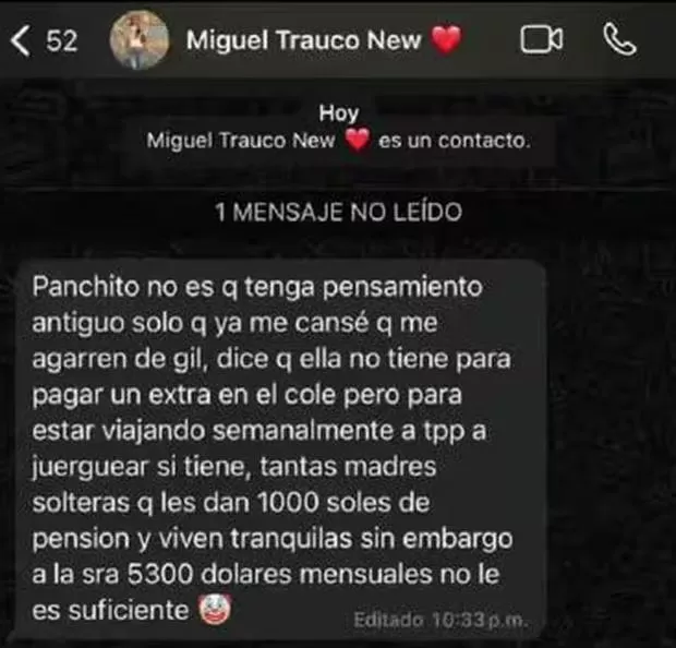 Miguel Trauco respondió a Karla Gálvez, expareja y madre de sus hijos. Fuente: Antares TV