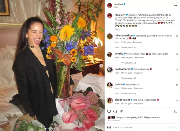 Rosalía recibió su cumpleaños en París, Francia  y ese mismo día Rauw Alejandro estuvo paseando con su hermana y su madre en la Torre Eiffel/Foto: Instagram