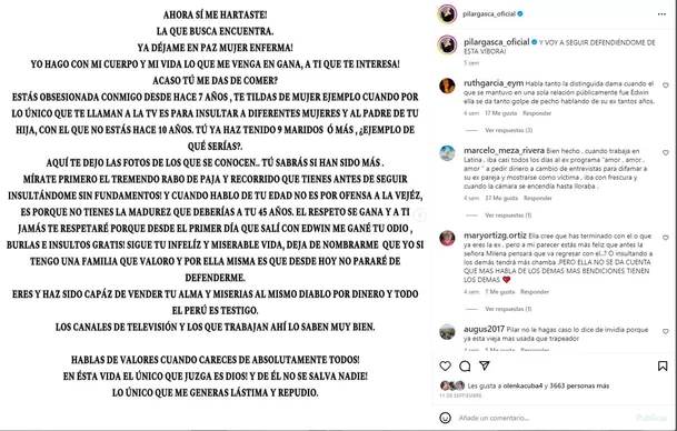 El 11 de septiembre pasado Pilar Gasca inició los ataques en redes sociales contra Milena Zárate / Foto: Instagram