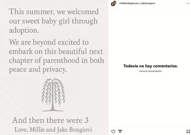  Millie Bobby Brown y su esposo Jake Bongiovi anunciaron que adoptaron a una niña / Instagram