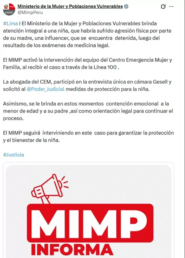 MIMP se pronuncia por caso Andrea San Martín y pide medidas/ Captura MIMP se pronuncia por caso Andrea San Martín y pide medidas/ Captura