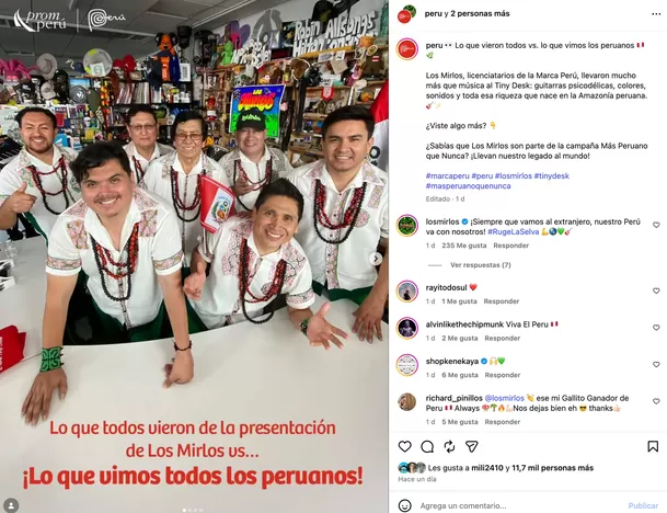 Marca Perú destacó participación de Los Mirlos en el Tiny Desk. Foto: IG @peru Marca Perú destacó participación de Los Mirlos en el Tiny Desk. Foto: IG @peru