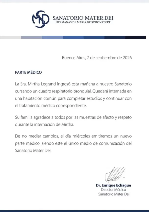 Parte médico de la conductora Mirtha Legrand / @lamesazarg Parte médico de la conductora Mirtha Legrand / @lamesazarg