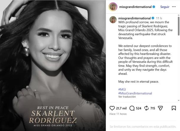 Tras varios días de intensa búsqueda, la familia confirmó el fallecimiento de Skarlent Rodríguez, Miss Grand Orlando 2025, y de su novio José Castro, quienes quedaron atrapados durante los terremotos que sacudieron Venezuela. Video: Instagram @skarlentrodriguez Tras varios días de intensa búsqueda, la familia confirmó el fallecimiento de Skarlent Rodríguez, Miss Grand Orlando 2025, y de su novio José Castro, quienes quedaron atrapados durante los terremotos que sacudieron Venezuela. Video: Instagram @skarlentrodriguez