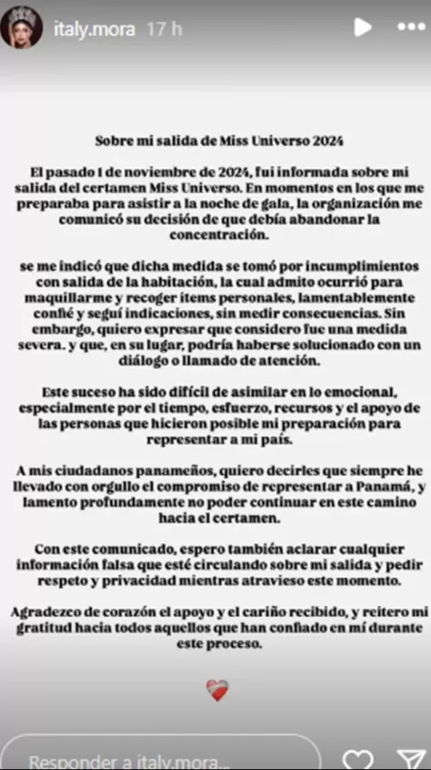 Comunicado de Miss Panamá tras expulsión de Miss Universo 2024 / Instagram