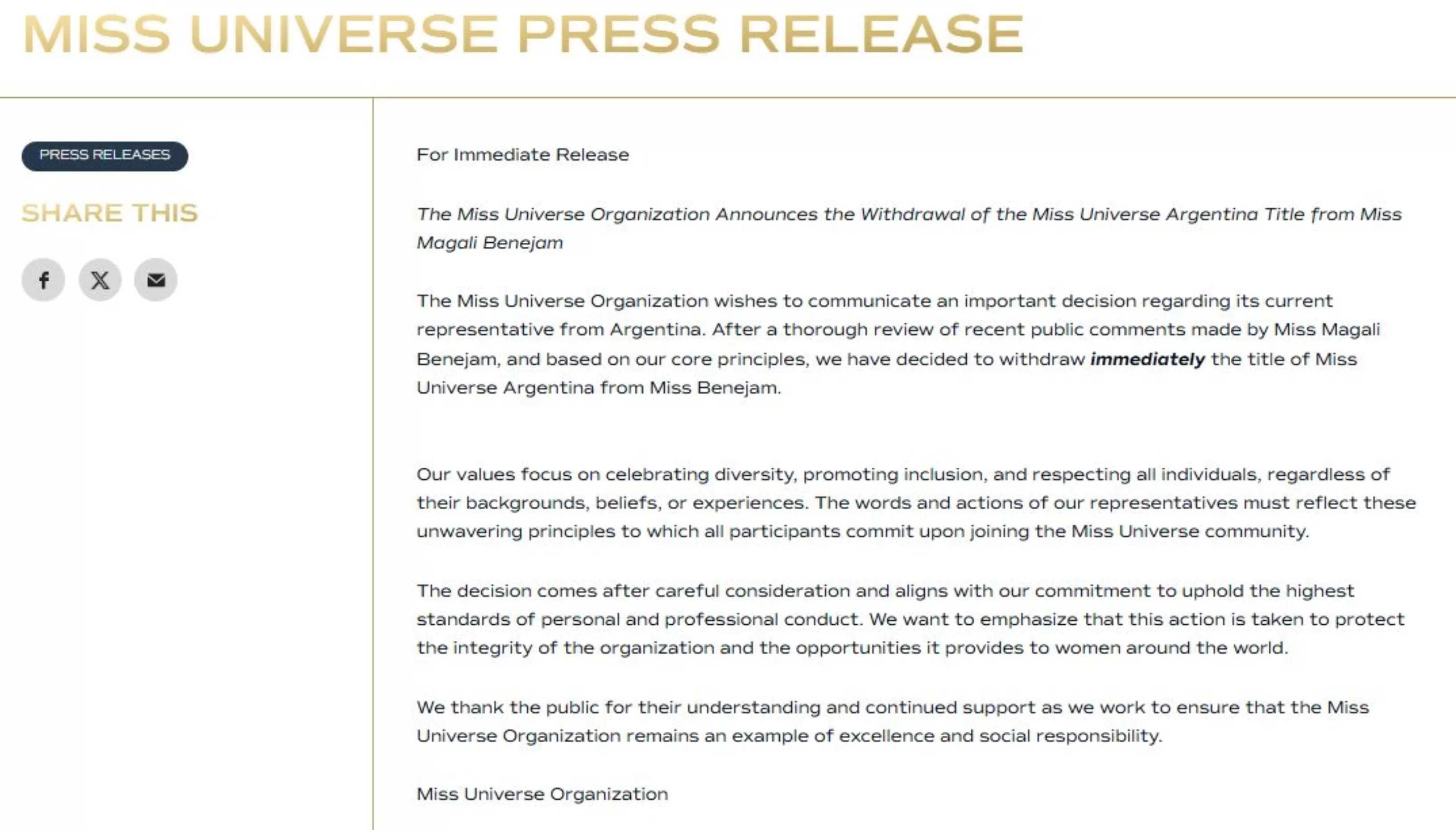 Miss Universo anució la destitución de Magalí Benejam como Miss Universo Argentina / Página Web Miss Universo anució la destitución de Magalí Benejam como Miss Universo Argentina / Página Web