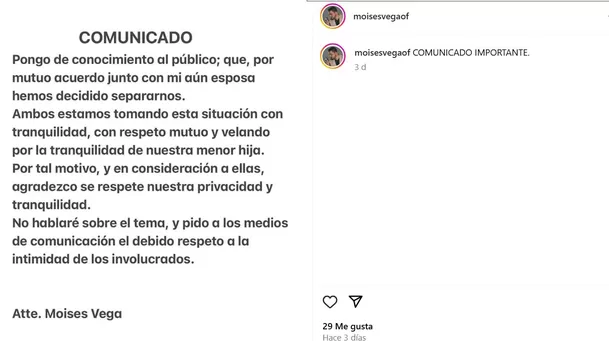 Moisés Vega anunció su separación / Instagram