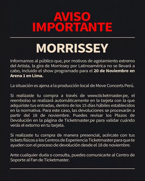 Comunicado sobre la cancelación del concierto de Morrissey / Instagram Comunicado sobre la cancelación del concierto de Morrissey / Instagram