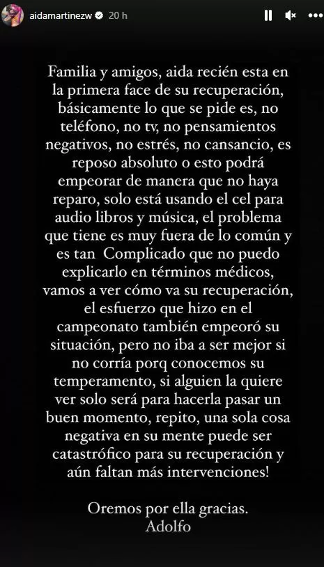 Comunicado de Adolfo Carrasco, esposo de Aida Martínez / Fuente: Instagram