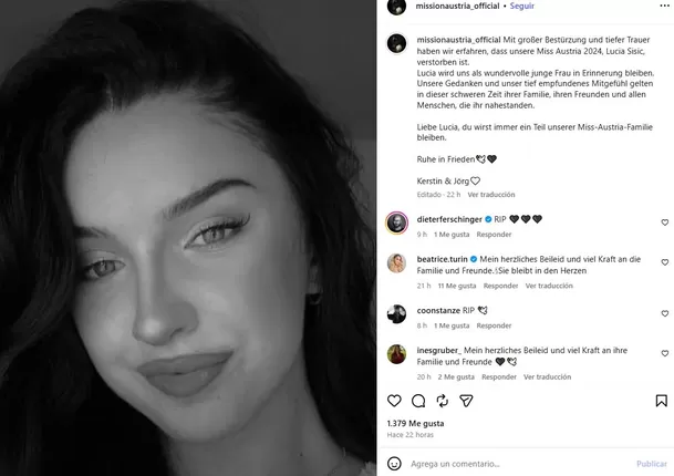 La reina de belleza fue coronada en 2024 y mantenía el título hasta su muerte, ya que no se realizaron nuevos certámenes en Austria. Su fallecimiento fue confirmado con mensajes de pesar por la organización Miss Austria. Foto: IG @luciasisic
