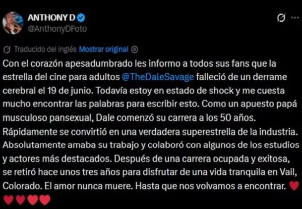 Anuncia el fallecimiento de Dale Savage, actor de cine para adultos / X Anuncia el fallecimiento de Dale Savage, actor de cine para adultos / X