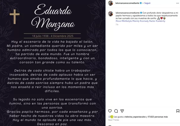Hijo del actor Eduardo Manzano anunció la triste pérdida / Instagram