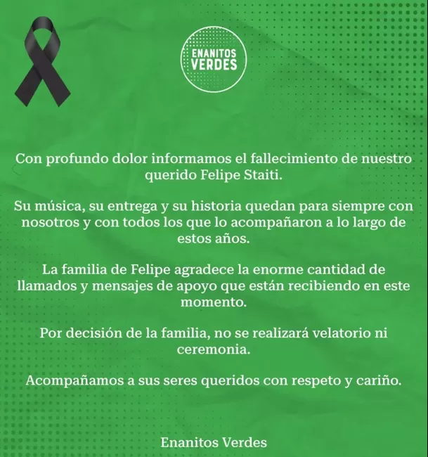 Comunicado de los Enanitos Verdes trasmuerte de Felipe Staiti / Instagram