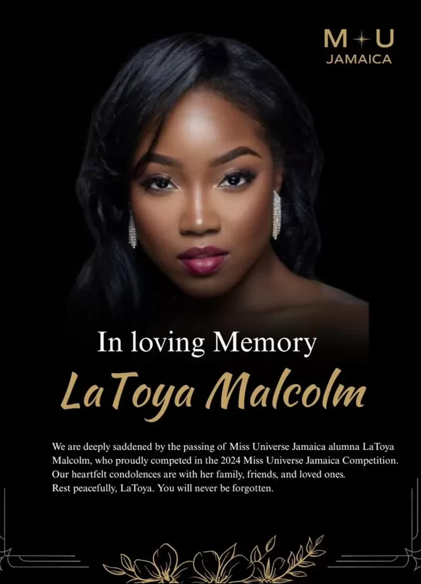 Comunicado de Miss Universo Jamaica sobre la muerte de LaToya Malcolm / IG: @officialmissuniversejamaica Comunicado de Miss Universo Jamaica sobre la muerte de LaToya Malcolm / IG: @officialmissuniversejamaica