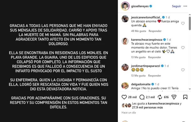 Exreina de belleza anuncia la muerte de su madre tras terremotos en Venezuela / IG: @gissellereyes