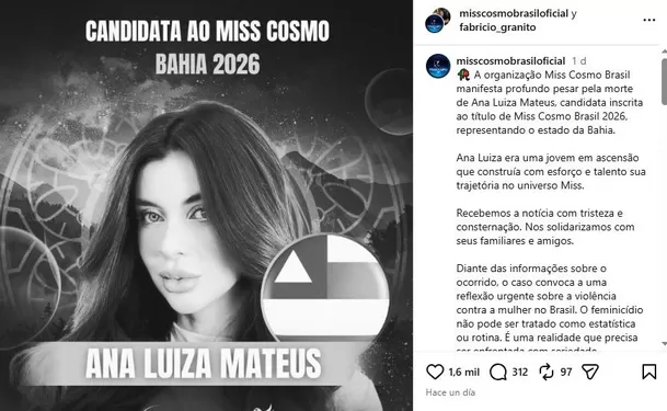 Tras darse a conocer su fallecimiento, la cuenta oficial de Miss Cosmo Brasil emitió un mensaje como homenaje a la joven / Instagram