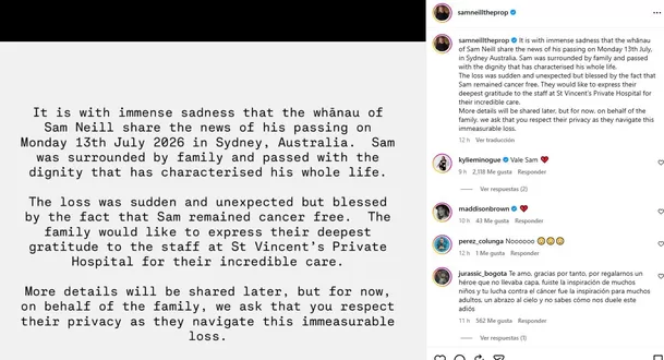 Comunicado de la familia del actor Sam Niell / IG: @samneilltheprop Comunicado de la familia del actor Sam Niell / IG: @samneilltheprop