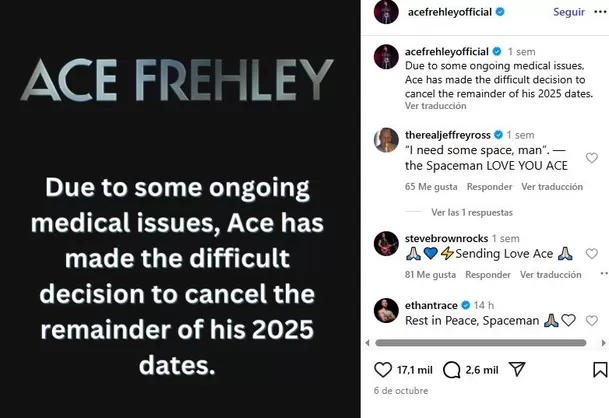 La vez que Ace Frehley canceló todas sus fechas de este año por problemas médicos / Instagram