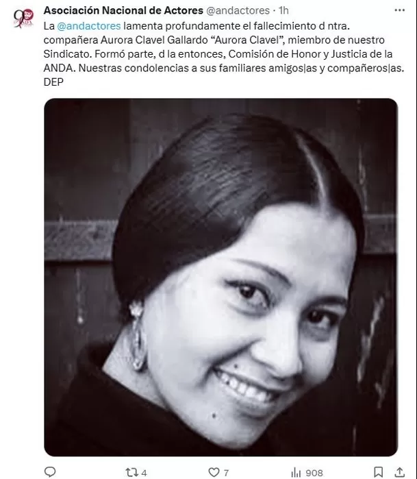 Confirman muerte de la actriz mexicana Aurora Clavel / X