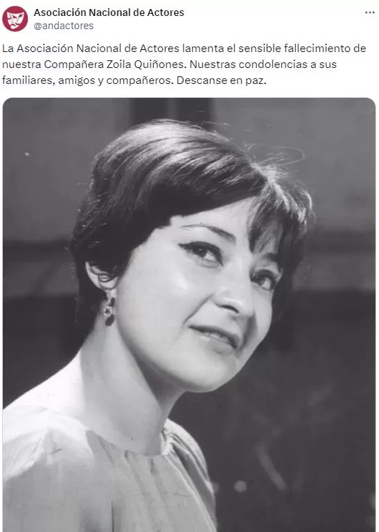 El ANDA anunció la muerte de la actriz mexicana Zoila Quiñones / X